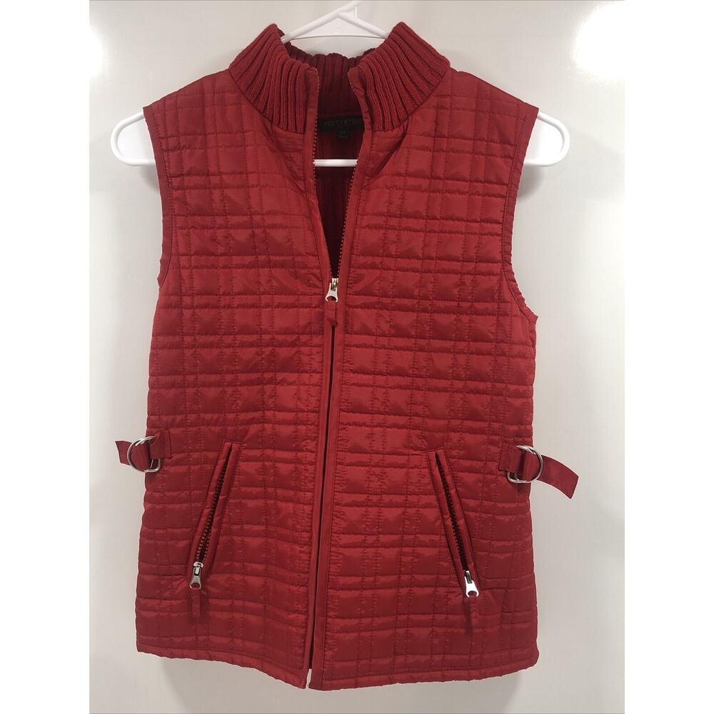 For Cynthia Quilted Vest Womens‎ Size Petite Small Red Knit Zipper Front